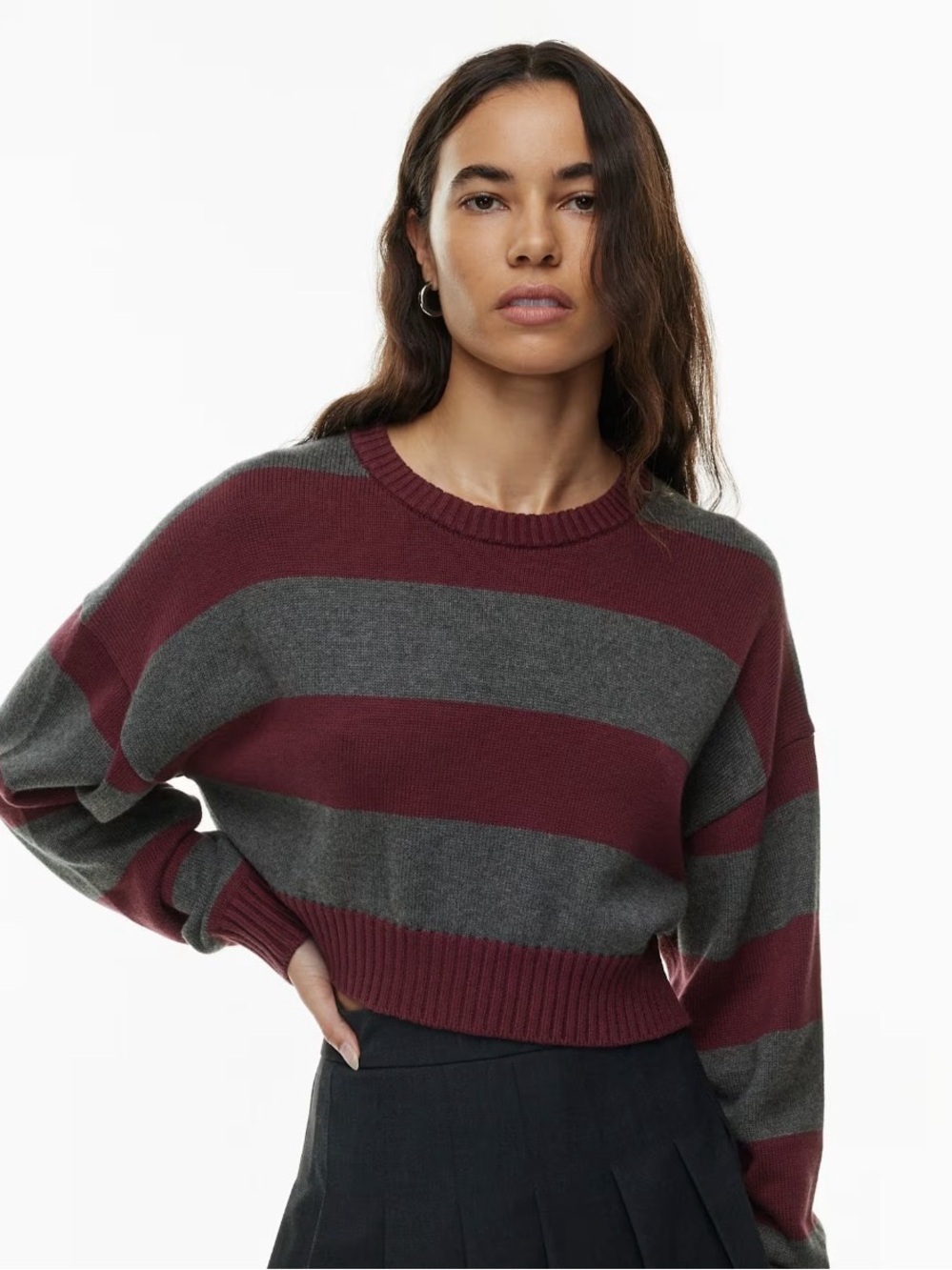 Sunday Best Peggy Cropped Sweater - Heather Charcoal & Striped - Size S